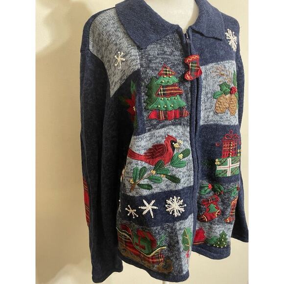 Vintage Embroidered Christmas Xl Sweater Front Zip Collared Cardinals Womens - Picture 4 of 14